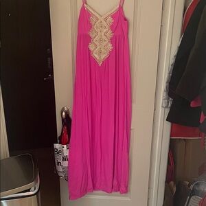 Lilly Pulitzer Bright Pink Gown with Gold Embroidery Size 6.